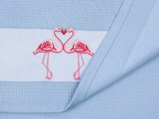 Waffle kitchen towel with flamingos on blue background from 100% cotton by Stofex.