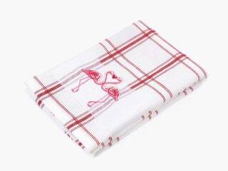 Waffle kitchen towel flamingos on red plaid 45x70 cm from 100% cotton.