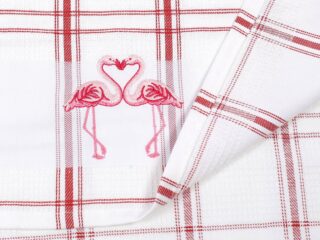 Waffle kitchen towel flamingo on red plaid 45x70 cm from 100% cotton.