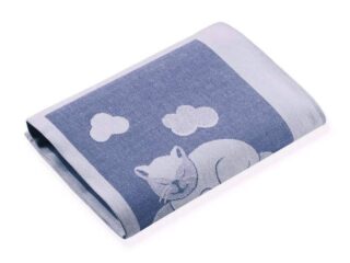 Jacquard kitchen towel with a cat on a blue background by Stofex.