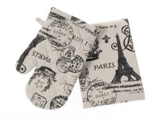 Set of terry kitchen potholder + kitchen towel greige with Paris motif.