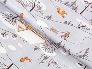 Christmas cotton fabric cottages on light grey by Stofex.