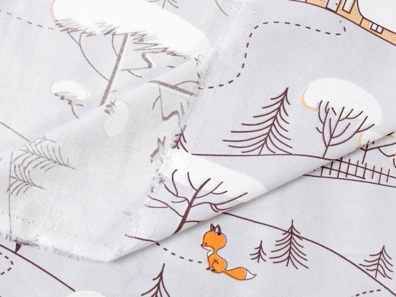 Christmas cotton fabric cottages on light grey by Stofex.