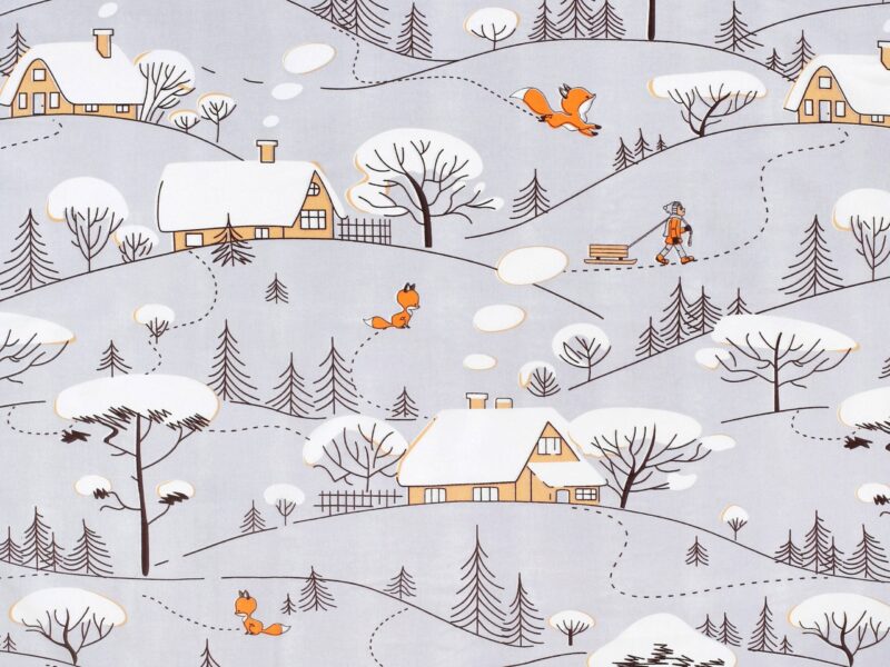 Christmas cotton fabric cottages on light grey by Stofex.