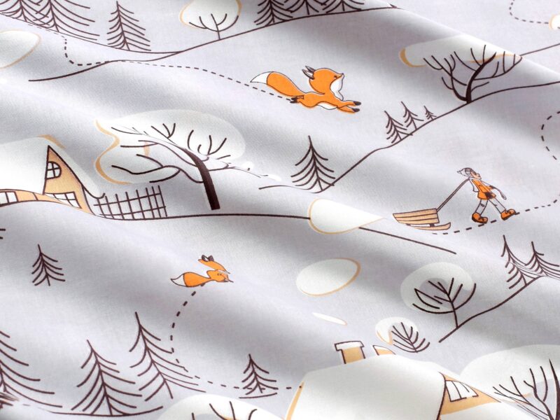 Christmas cotton fabric cottages on light grey by Stofex.