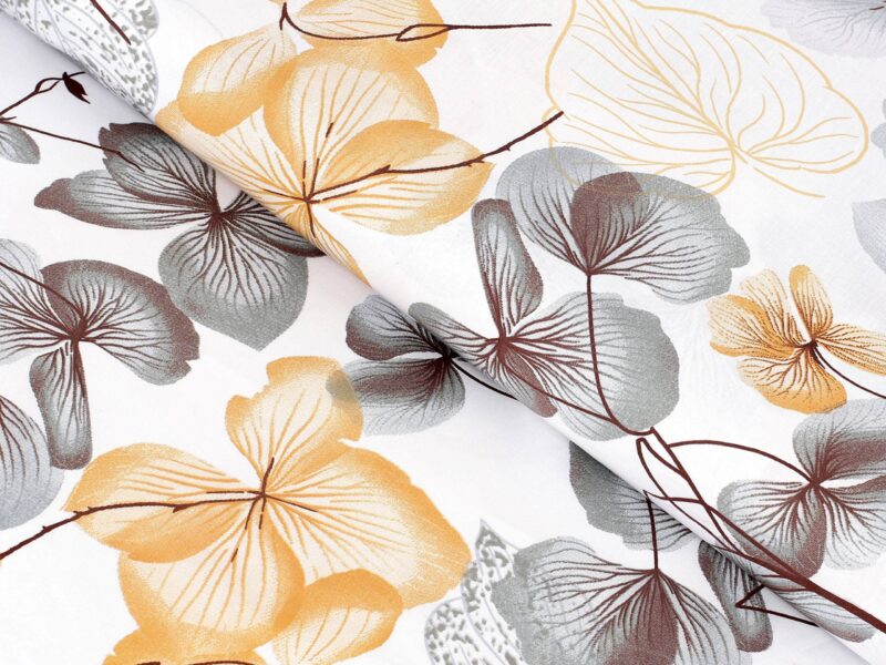 100% Cotton fabric grey-brown flower on white by Stofex.