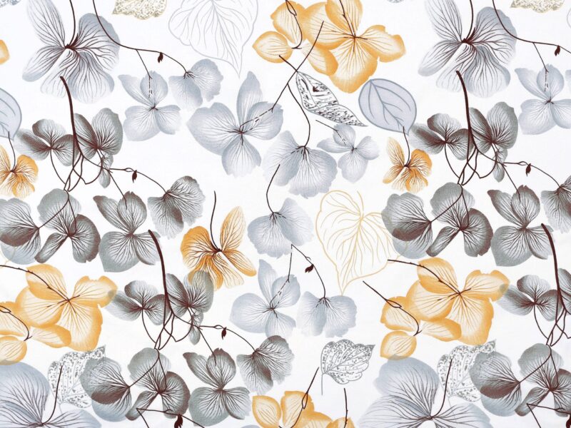 100% Cotton fabric grey-brown flower on white by Stofex.