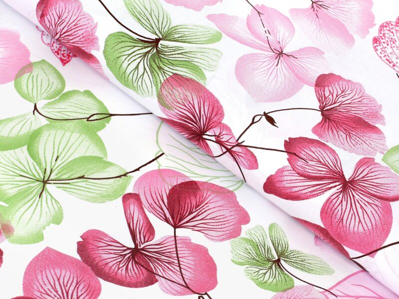 100% Cotton fabric pink-green flower on white by Stofex.