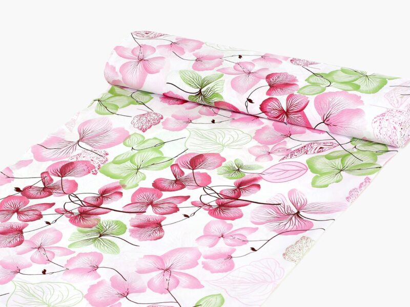 100% Cotton fabric pink-green flower on white by Stofex.