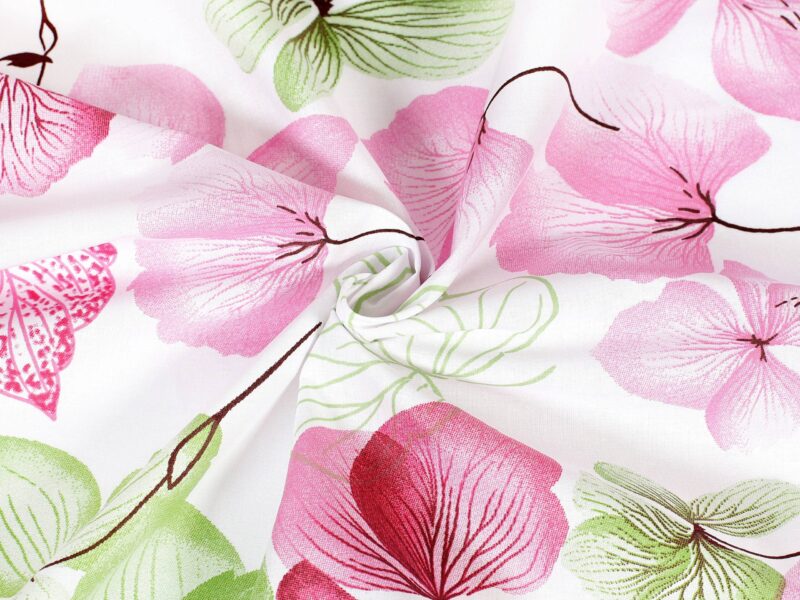 100% Cotton fabric pink-green flower on white by Stofex.