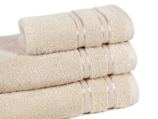 Terry towel/bath towel beige with double stripe by Stofex.