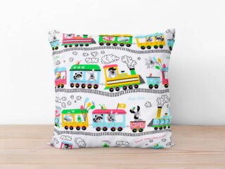 Kids' cotton pillowcase trains on white background by Stofex.