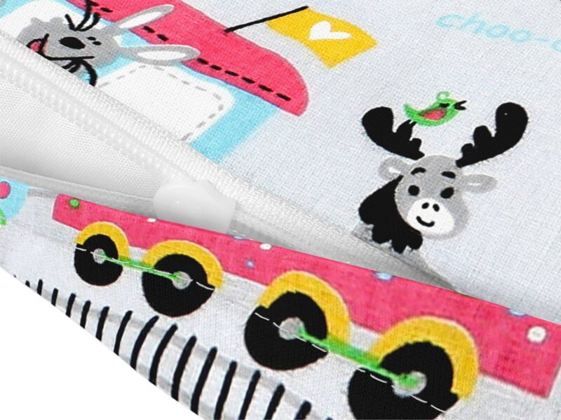 Kids' cotton pillowcase trains on grey background by Stofex.