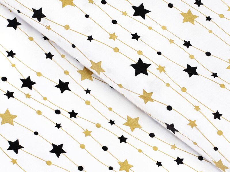 Christmas Cotton fabric gold and black stars on white by Stofex.