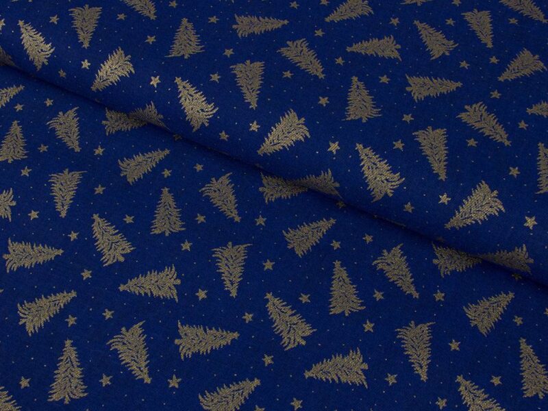 Christmas Cotton Stoff goldene Bäume auf blau von Stofex.