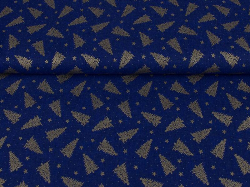 Christmas Cotton Stoff goldene Bäume auf blau von Stofex.