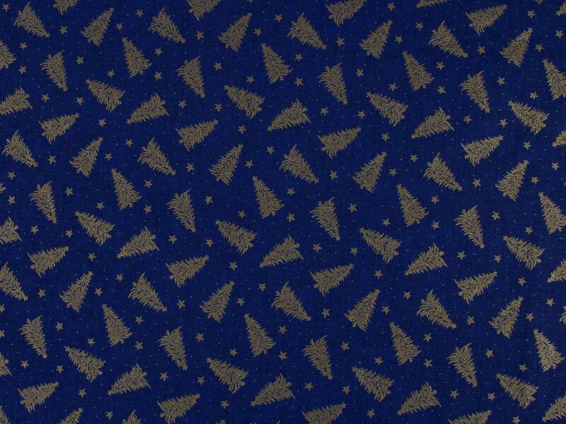 Christmas Cotton Stoff goldene Bäume auf blau von Stofex.