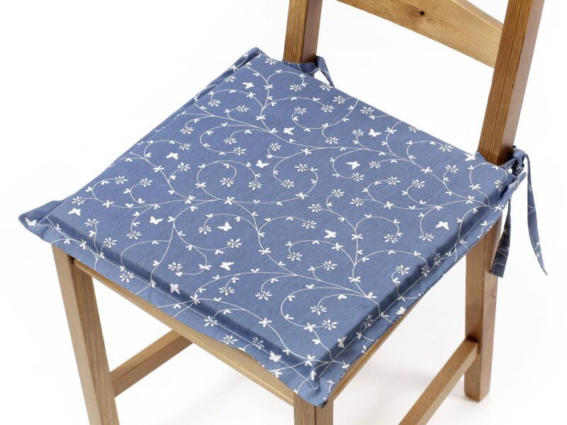 Square chair pad with hem - flowers on blue plaid by Stofex.