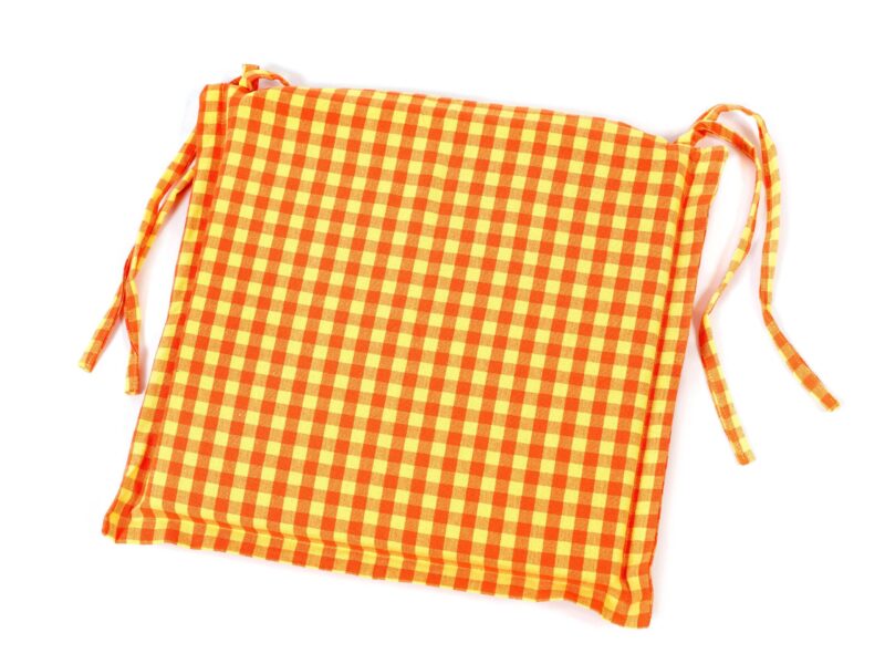 Heavy-duty square chair pad with hem - yellow-orange plaid by Stofex.