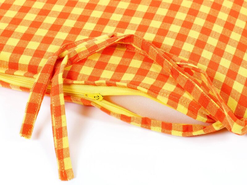 Heavy-duty square chair pad with hem - yellow-orange plaid by Stofex.