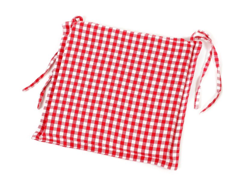 Heavy-duty square chair pad with hem - red plaid by Stofex.