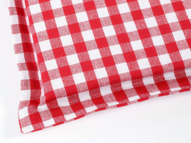 Heavy-duty square chair pad with hem - red plaid by Stofex.