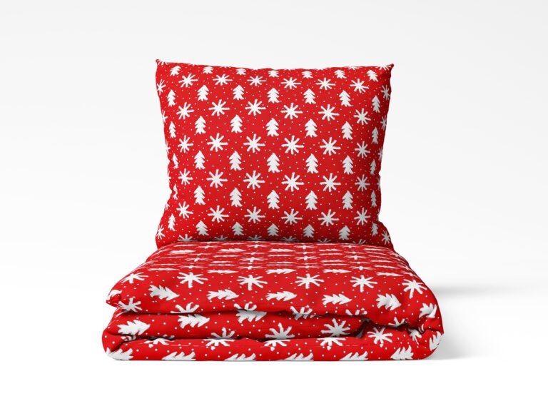 Christmas cotton bed linen stars and trees on red by Stofex.