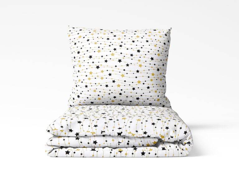 Christmas cotton bed linen gold and black stars on white by Stofex.