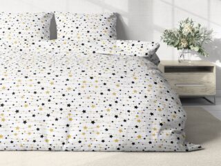 Christmas cotton bed linen gold and black stars on white by Stofex.