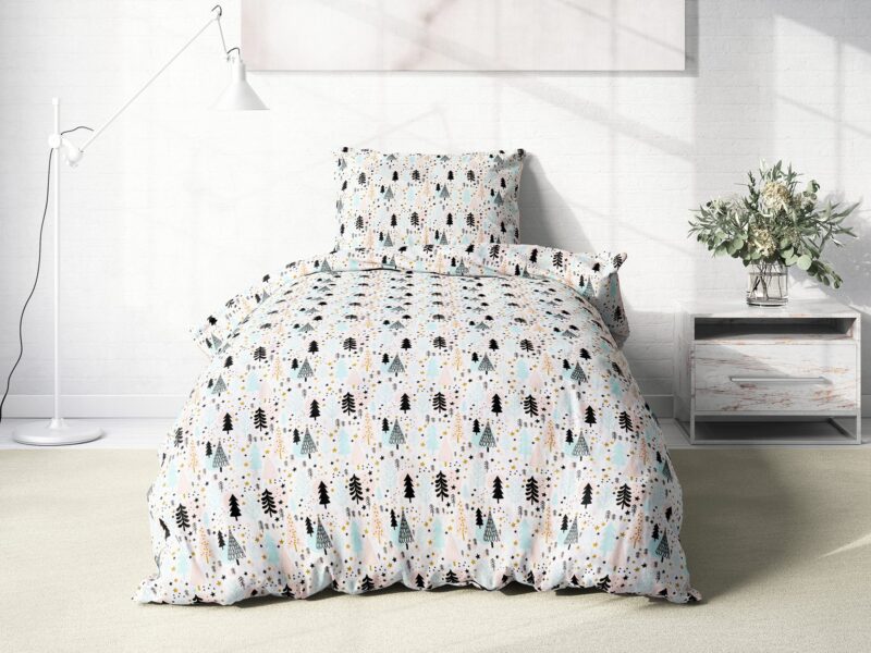 Christmas cotton bed linen blue and pink trees by Stofex.