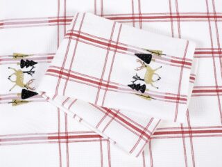 Waffle kitchen towel with deer and red stripes from 100% cotton.