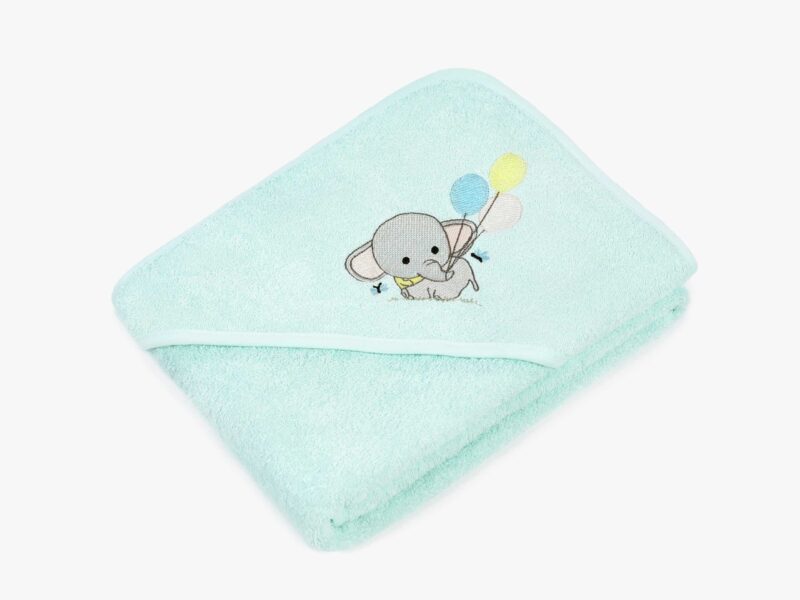 Baby hooded bath towel mint with elephant by Stofex.