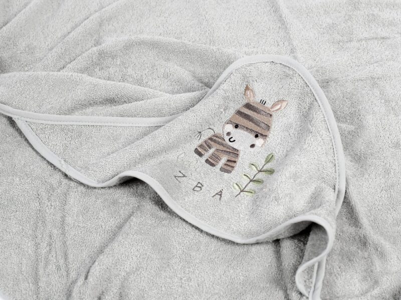 Baby hooded bath towel grey with zebra by Stofex.