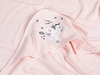 Baby hooded bath towel pink with cat by Stofex.