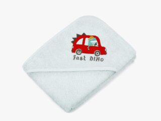 Baby hooded bath towel light blue with car by Stofex.