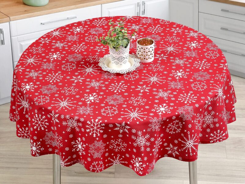 Terra round cotton tablecloth snowflakes on red by Stofex.