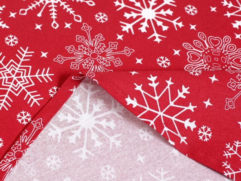 Terra round cotton tablecloth snowflakes on red by Stofex.