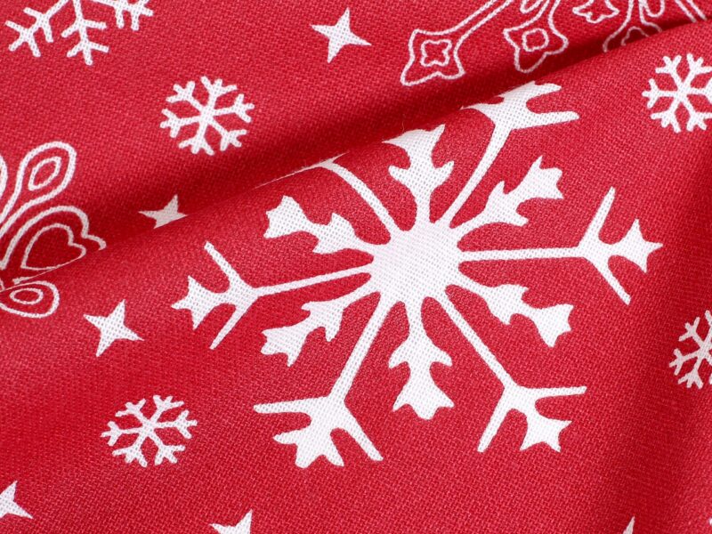 Terra cotton tablecloth snowflakes on red by Stofex.