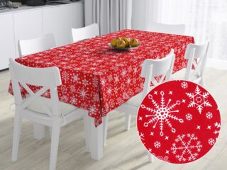 Terra square cotton tablecloth snowflakes on red by Stofex.