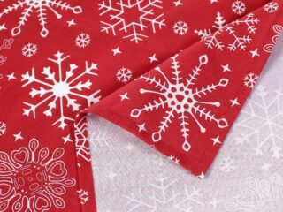 Terra square cotton tablecloth snowflakes on red by Stofex.