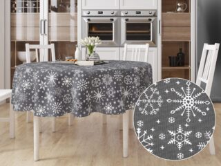 Terra round cotton tablecloth snowflakes on grey by Stofex.