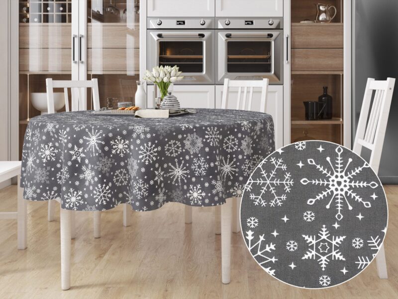 Terra round cotton tablecloth snowflakes on grey by Stofex.