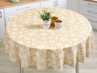 Terra round cotton tablecloth snowflakes on beige by Stofex.