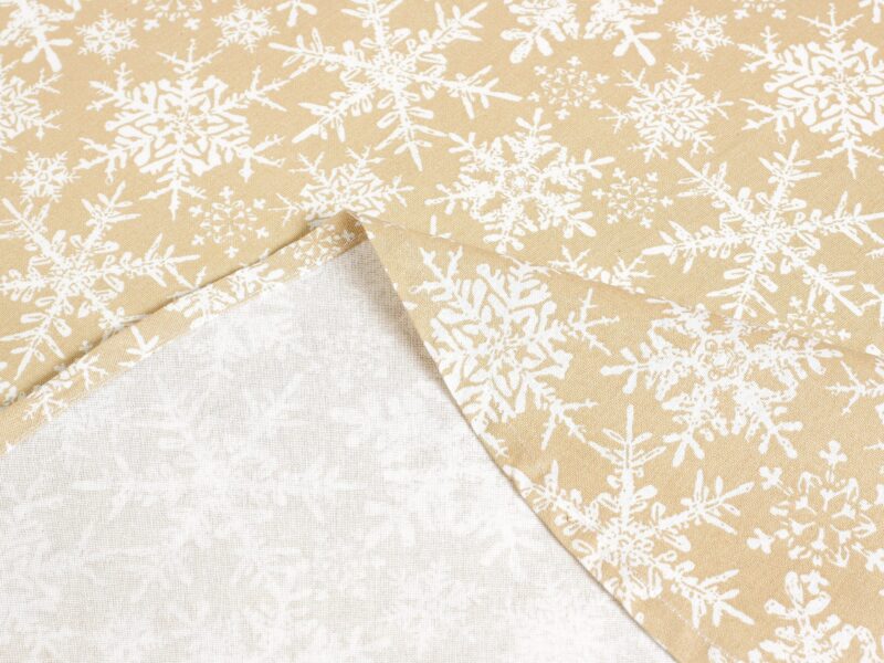 Terra round cotton tablecloth snowflakes on beige by Stofex.