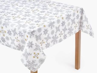 Terra square cotton tablecloth snowflakes on white by Stofex.