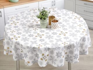 Terra round cotton tablecloth snowflakes on white by Stofex.