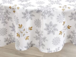 Terra round cotton tablecloth snowflakes on white by Stofex.