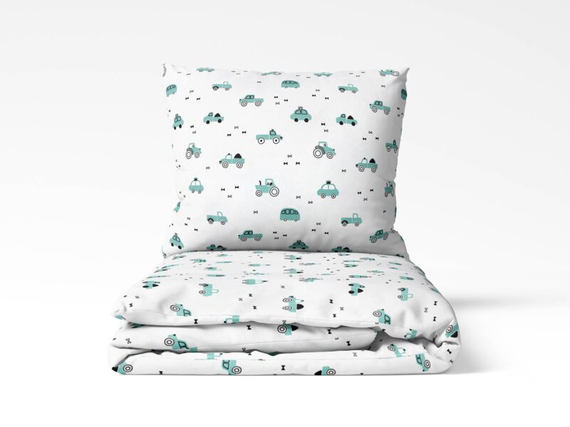 Kids' cotton bed linen green cars on white by Stofex.