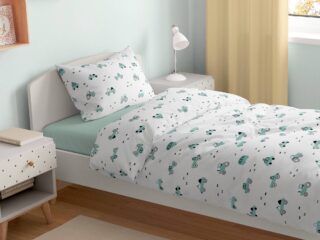 Kids' cotton bed linen green cars on white by Stofex.