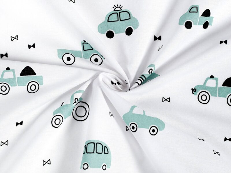 Cotton fabric green cars on white by Stofex.